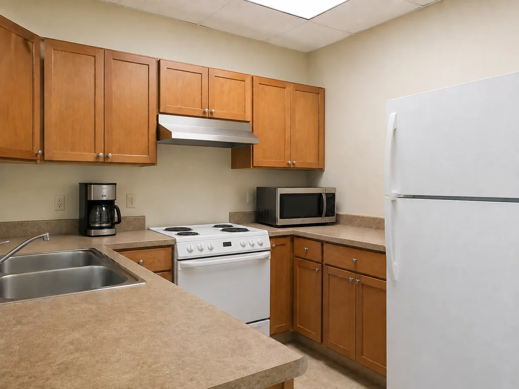 An office break-room kitchen with a small range and a hood above it.