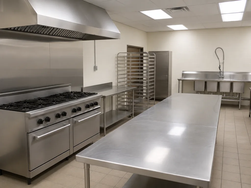 A church or school cafeteria kitchen: a single range under a hood, stainless prep tables, tray racks.