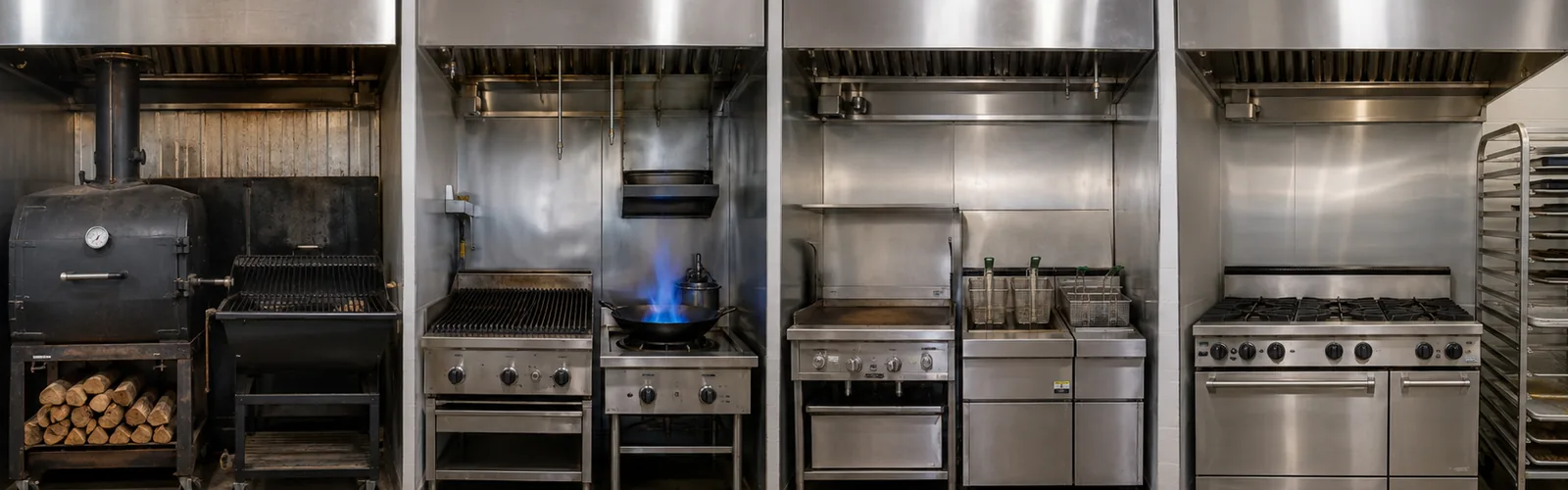 Four cooking stations under hoods, left to right: wood and charcoal, charbroiler and wok, a standard line with griddle and fryers, a small cafeteria range.