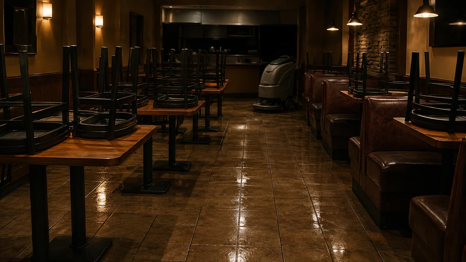 A restaurant dining room at 1am with the chairs up on the tables and the floor freshly scrubbed.