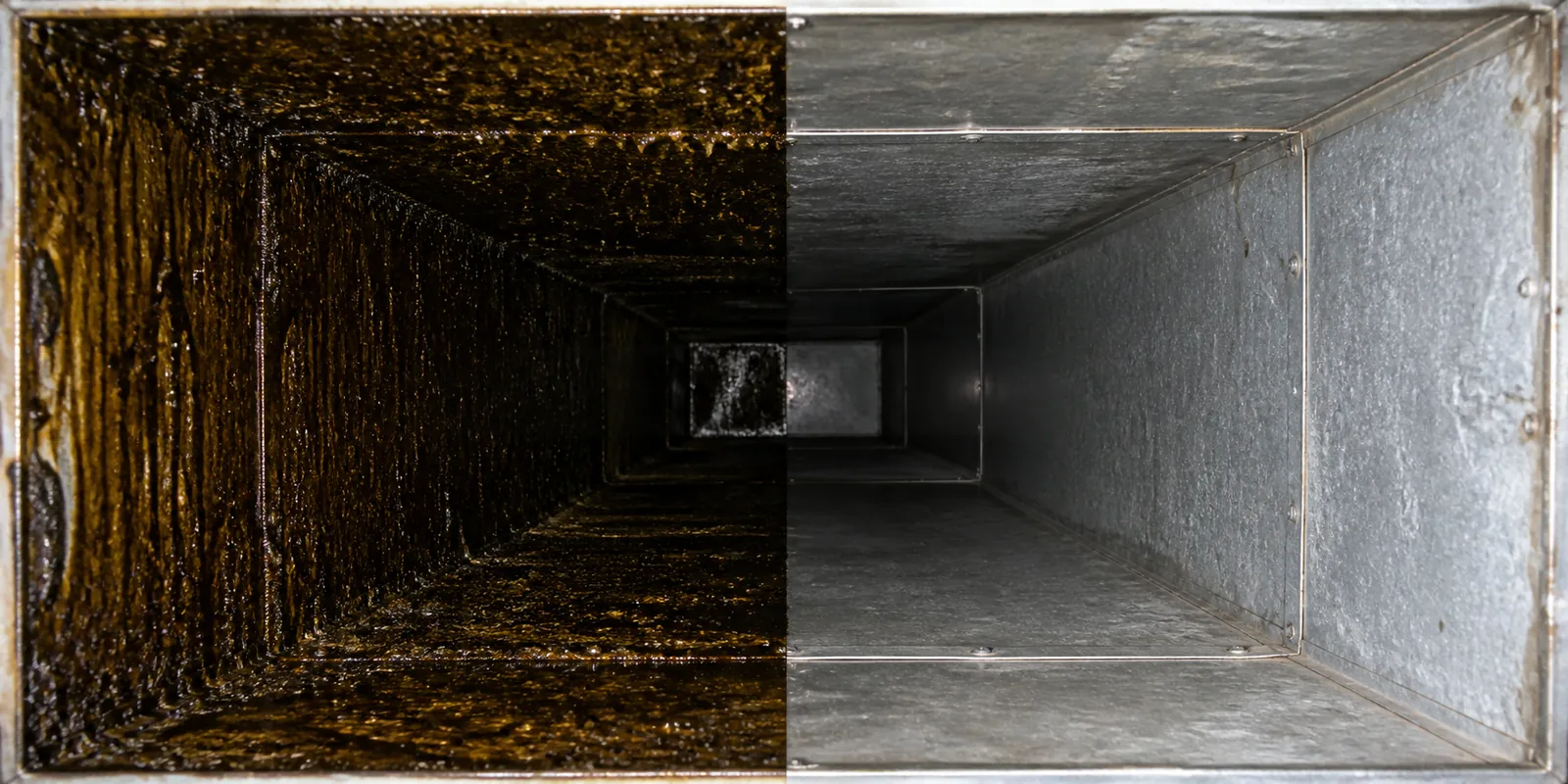 The inside of an exhaust duct, split down the middle: the left half caked in brown grease, the right half cleaned to bare galvanized metal.