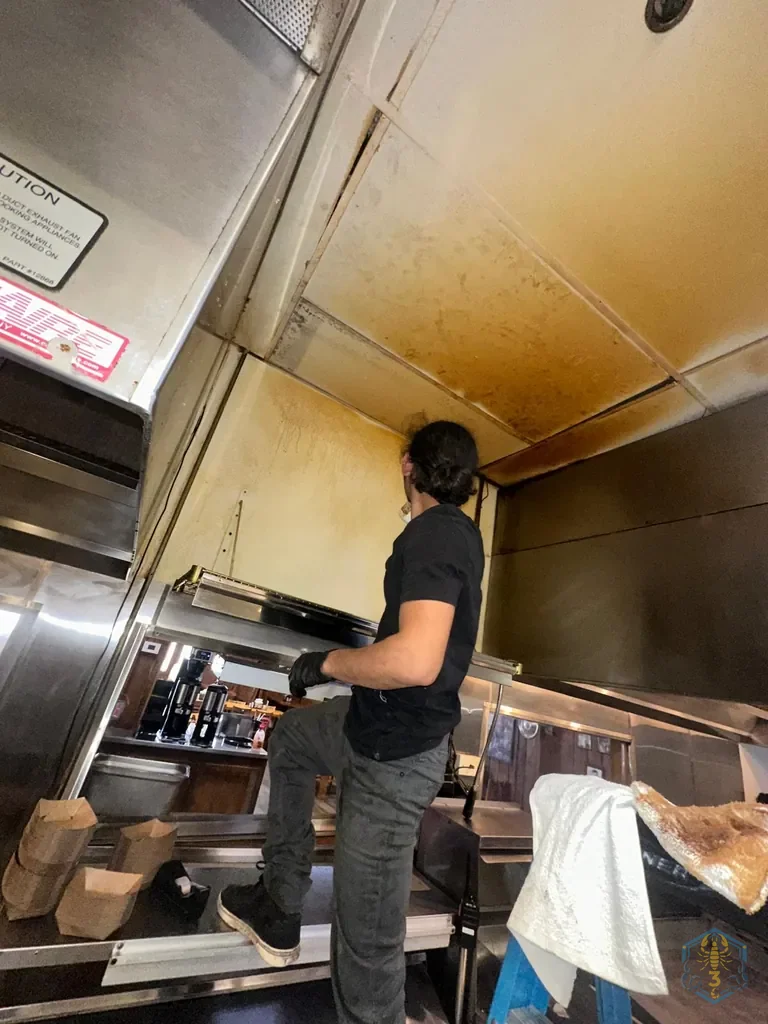 Standing on the counter, wiping the hood exterior and the stained ceiling above the line by hand, gloves on.