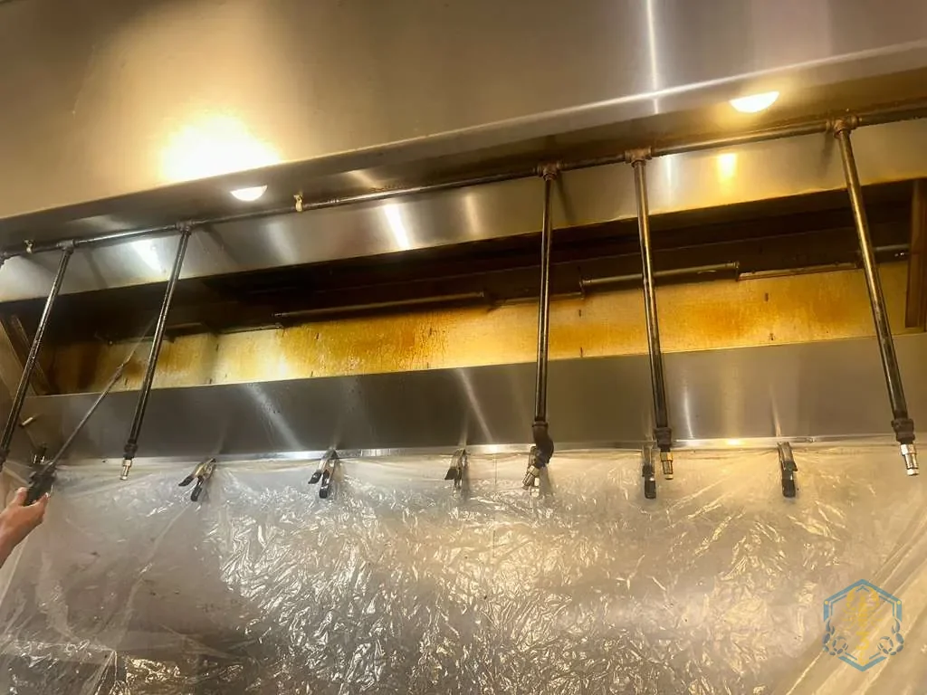 Inside the hood with the filters removed: the plenum and filter track are coated with amber grease, with containment sheeting below.