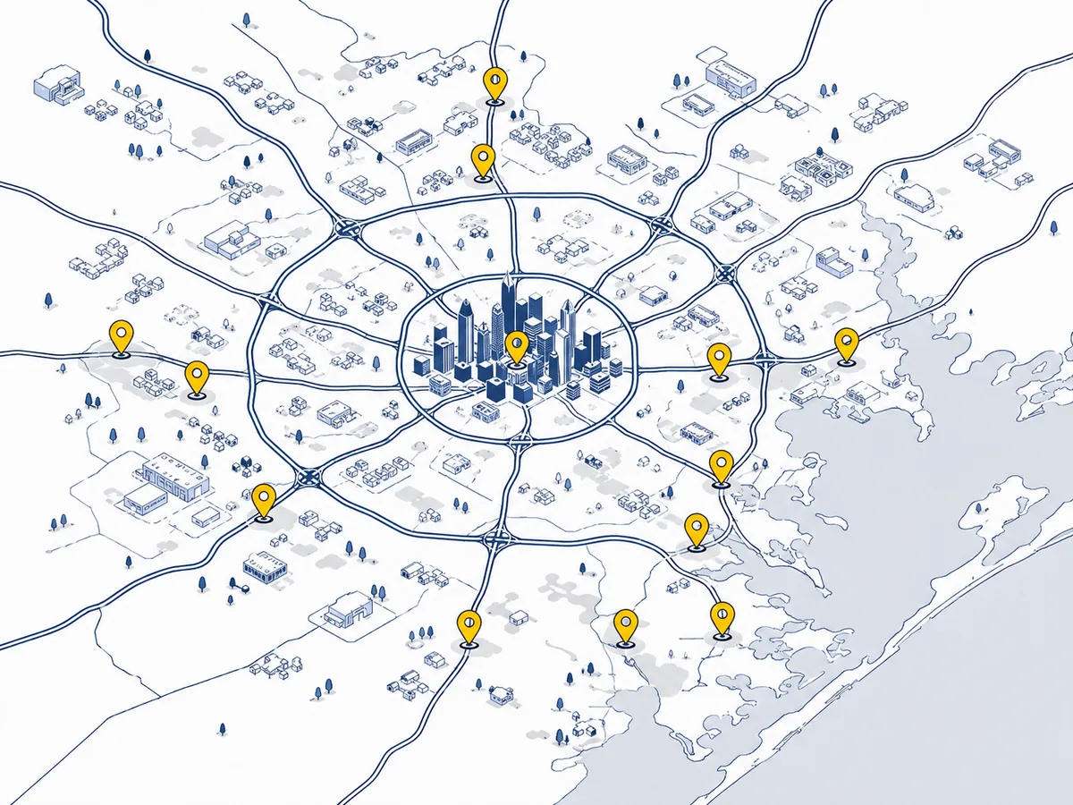Stylized map of Greater Houston with the twelve cities we serve marked.
